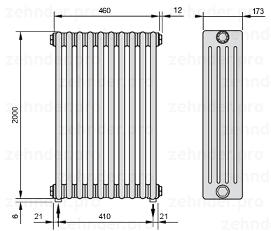 Схема (чертеж) Радиатор Zehnder Charleston 5200/10 №3570 Белый глянцевый RAL 9016